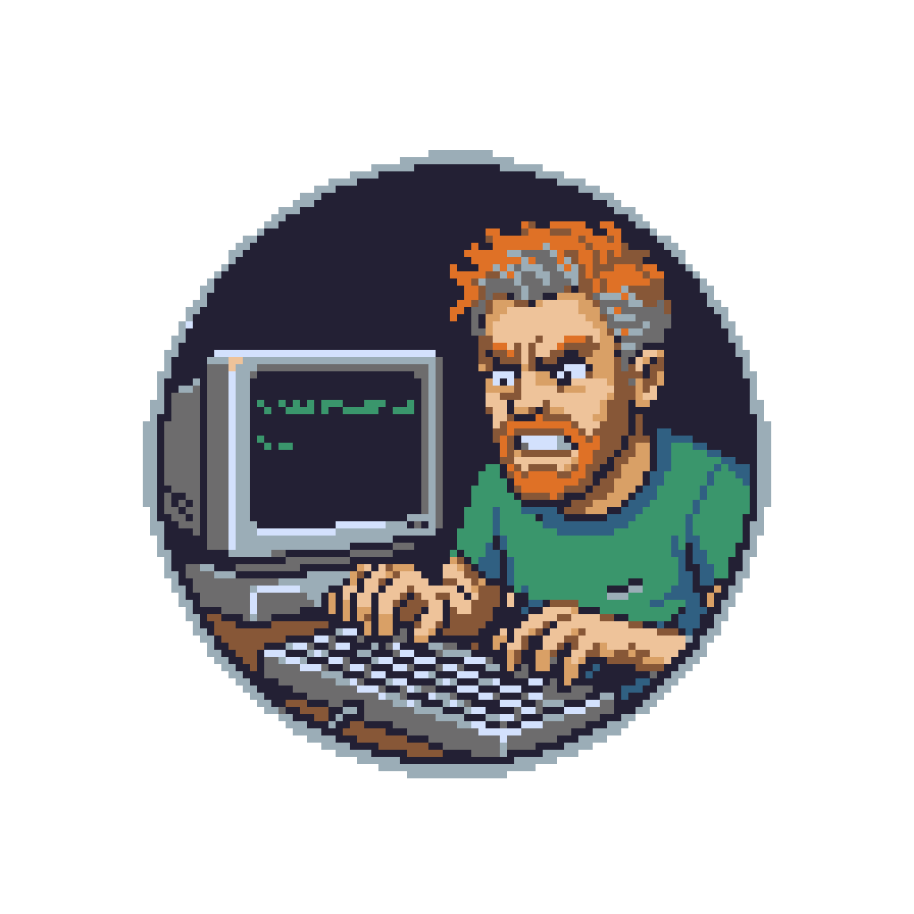 Pixel-art portrait of a developer typing at a retro computer